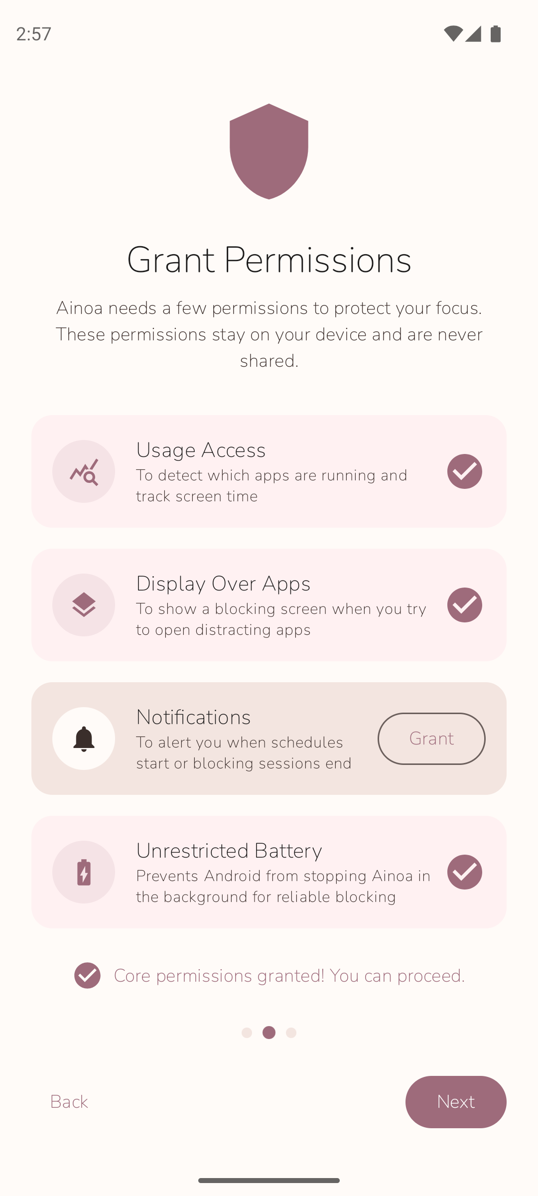 Permissions setup screen