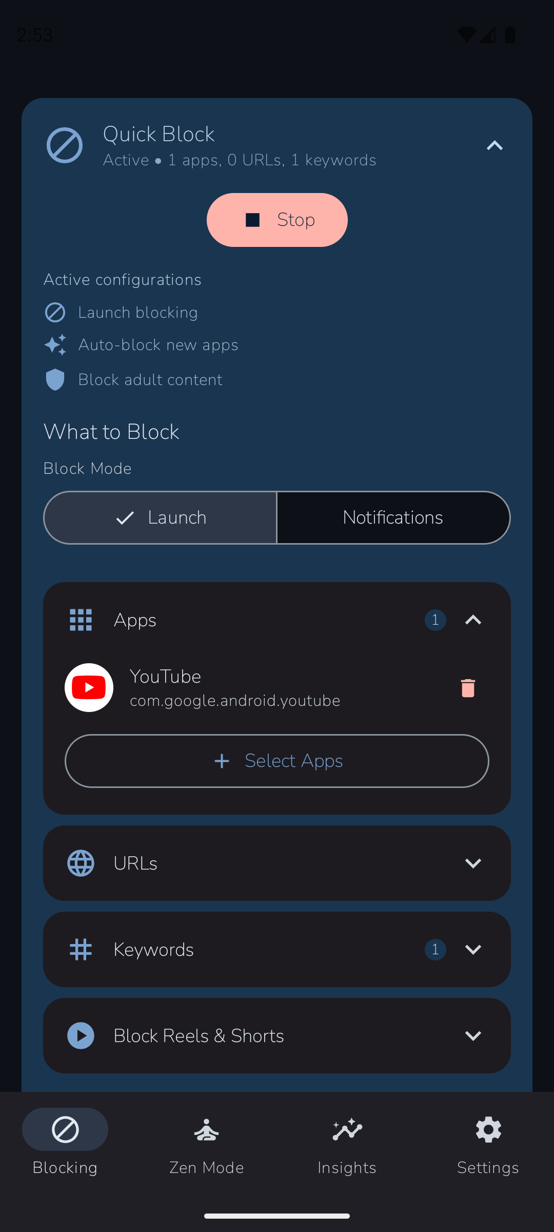 Quick Block screen with apps, URLs, and keywords sections
