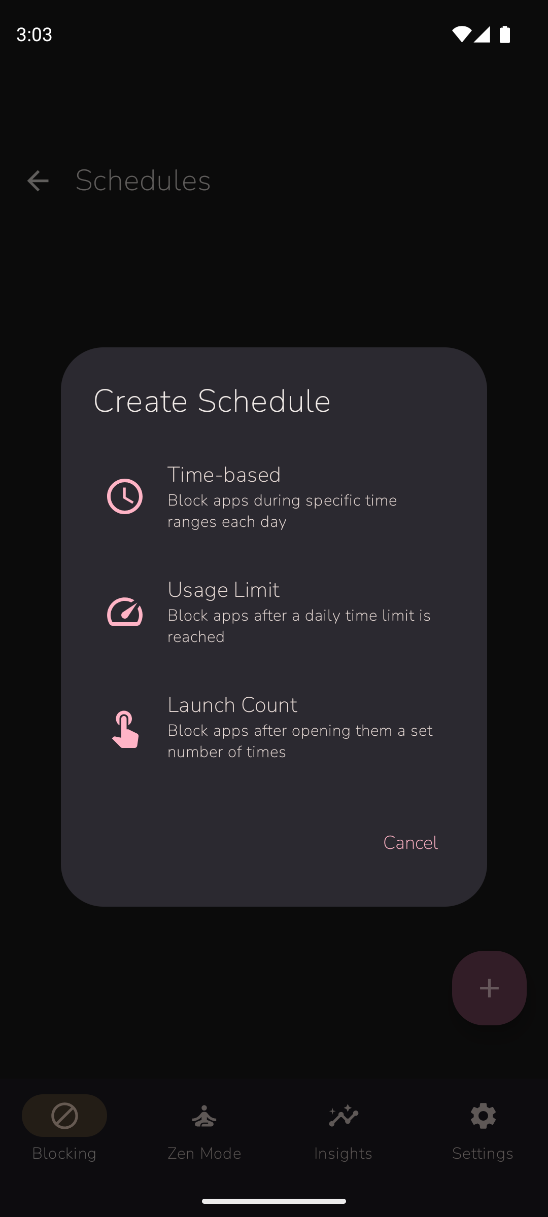 Schedule type selection dialog