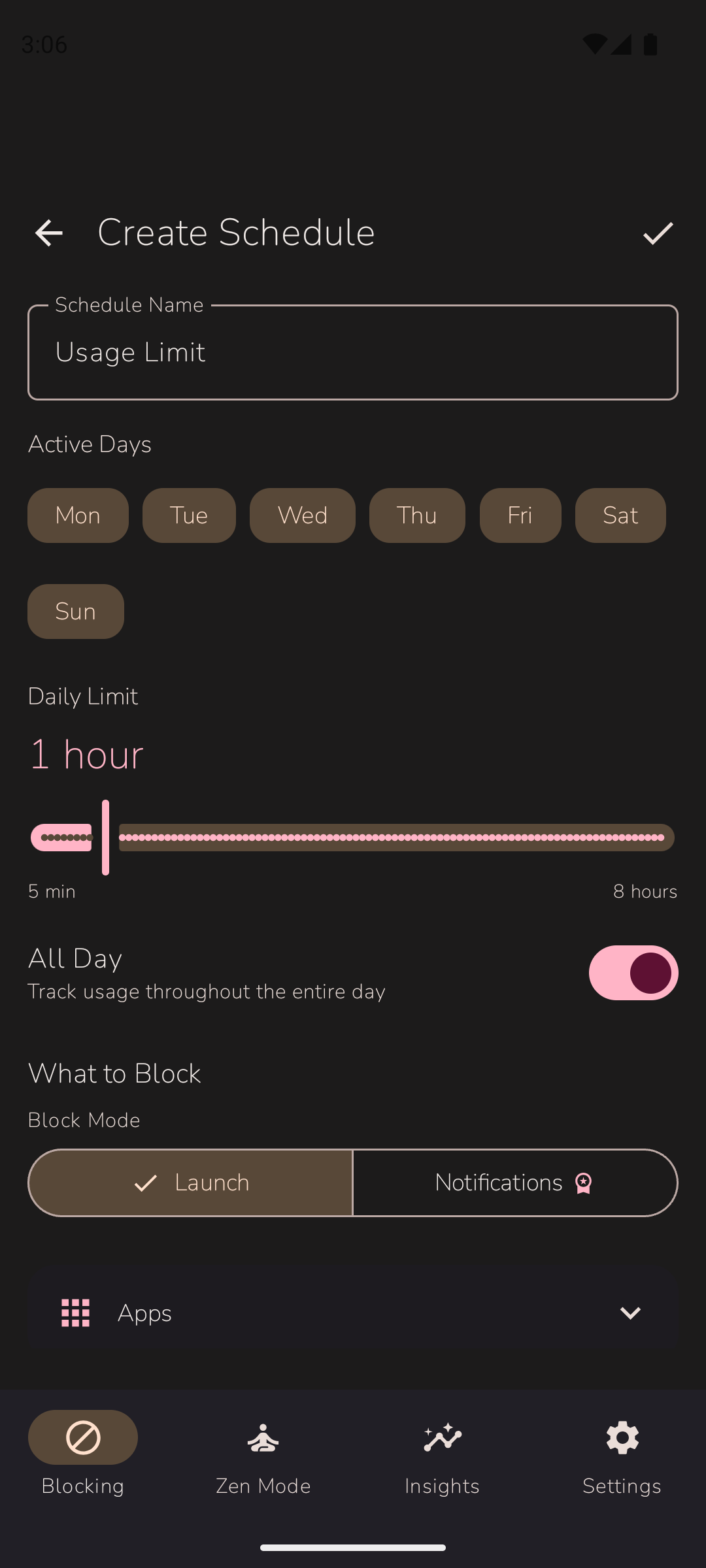 Usage limit schedule configuration