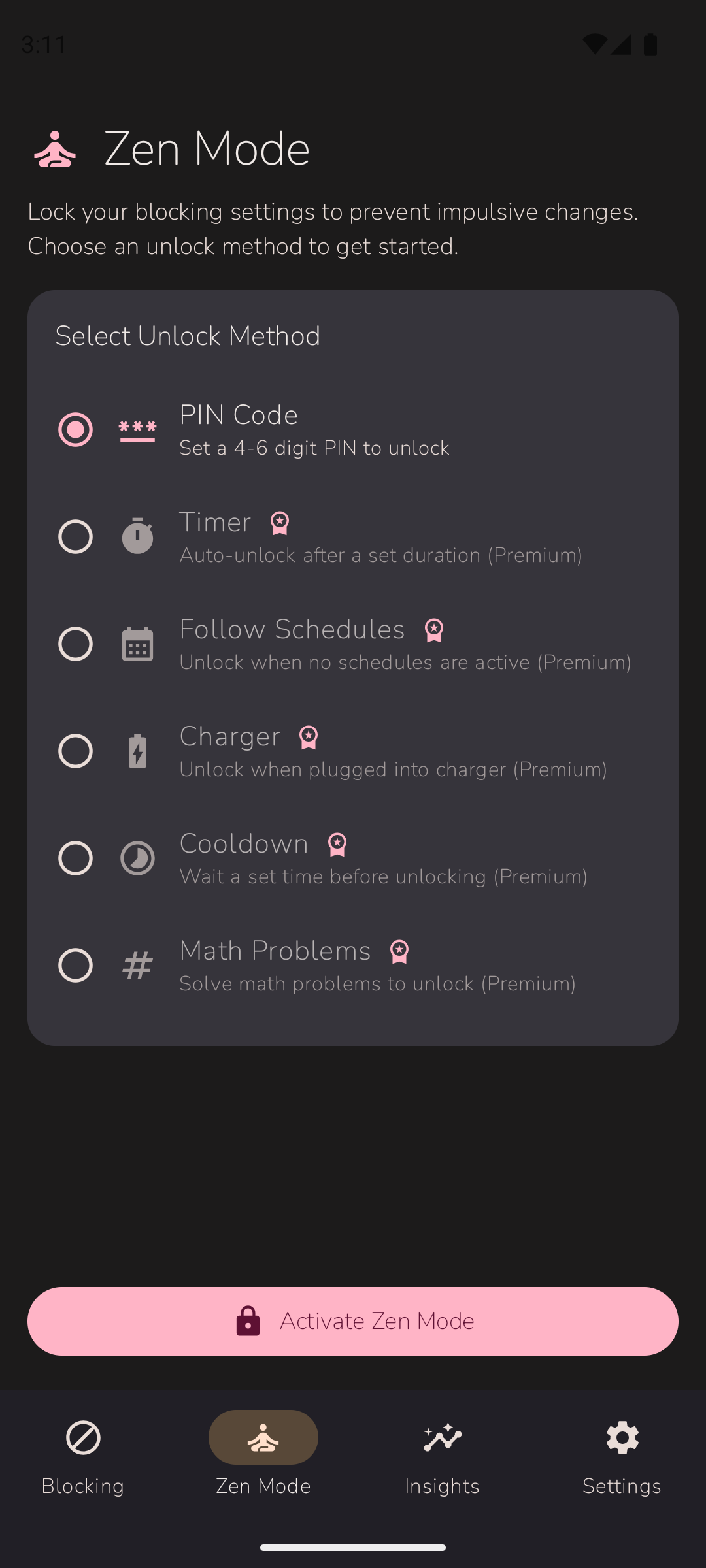Zen Mode activation screen