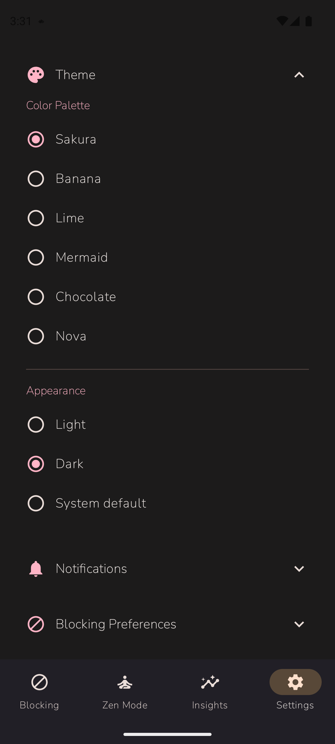 Theme selection in settings